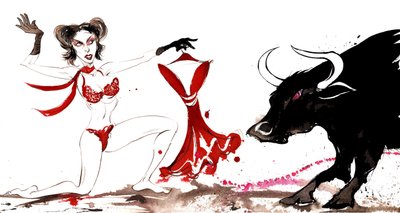 Signs of the Zodiac: Taurus toreador from a series of fashion caricatures by Neale Osborne